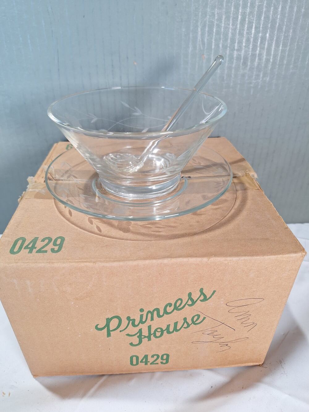 NOS Princess House Heritage 0429 Condiment Bowl Plate Glass Spoon Original Box